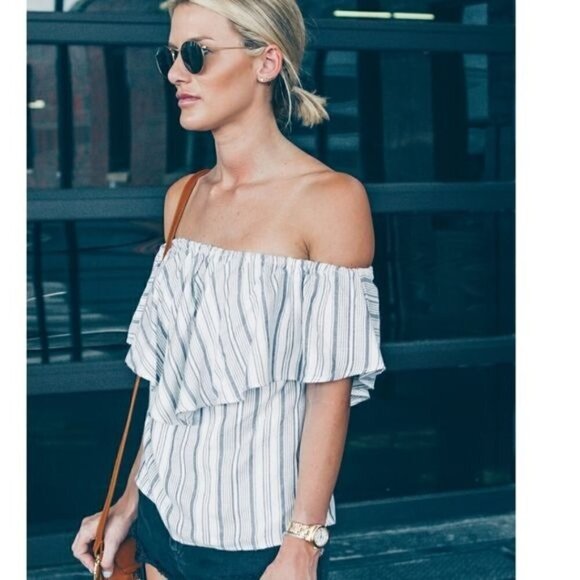 WAYF Blue White Pullover Striped Off the Shoulder Blouse Top Size XS Made in USA - Picture 4 of 16